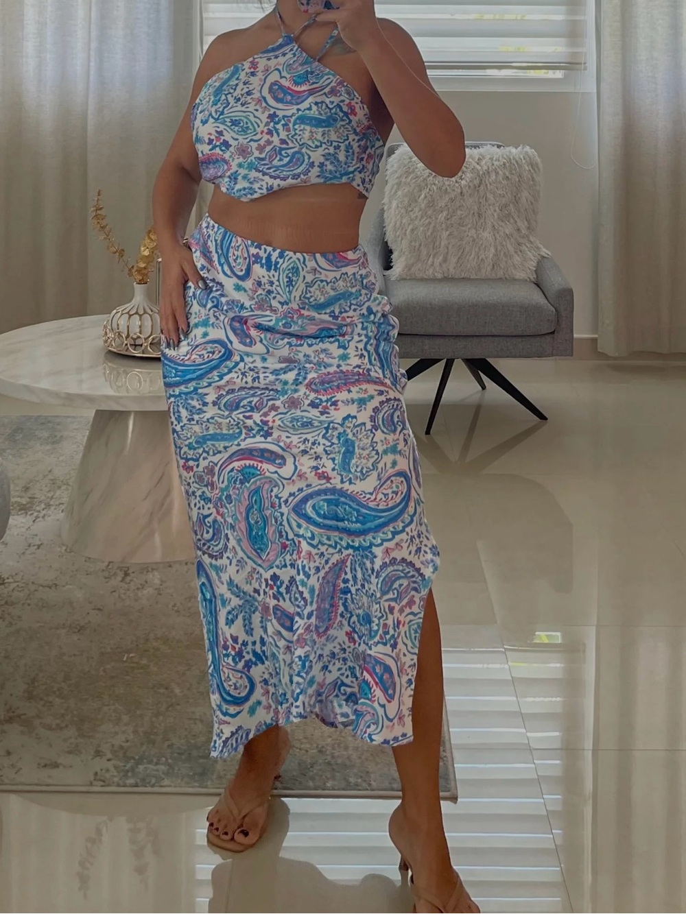 Paisley Print Blue Midi Skirt & Top Set - Women